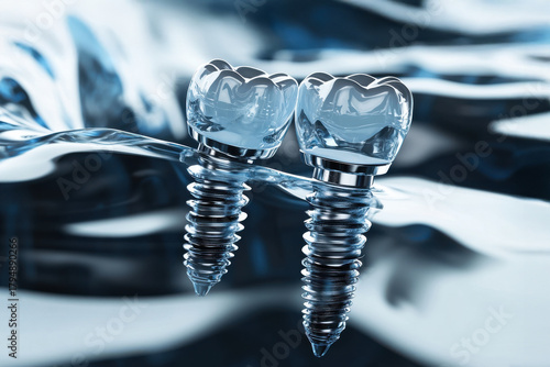 3D render of a dental implant embedded in a cross-section of jawbone