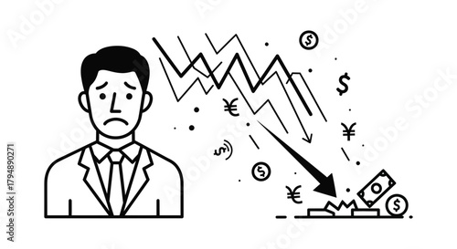Sad businessman with falling currency and broken money in black and white