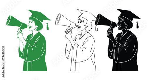 Three graduates with megaphone in green white and black illustration