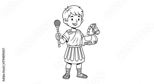 A boy in a toga holding a toy horse and a scepter in a line drawing