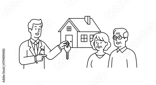 Real estate agent giving house key to senior couple near new house
