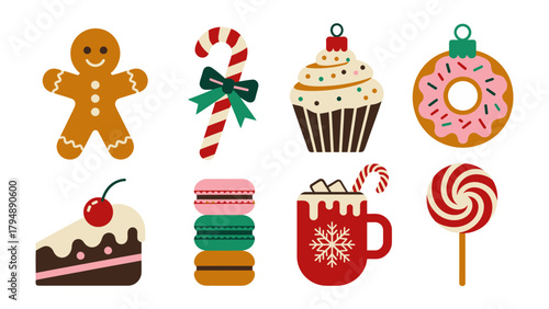 Sweet Celebration: A collection of delightful confections, including a gingerbread man, candy cane, cupcake, donut, cake slice, macaron, hot chocolate, and lollipop.