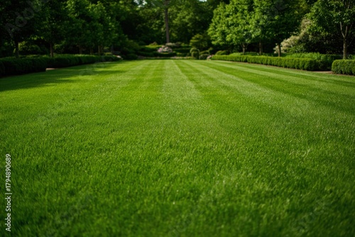 A close-up low angle view of vibrant green grass in a well-maintained garden setting
