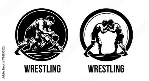 Dynamic Wrestling Logos - Two Grapplers in Action, Black and White Design.