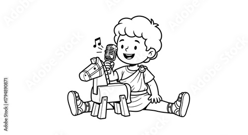 A boy in a toga sings into a microphone with his wooden horse toy