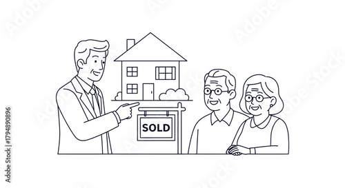 Real estate agent showing sold house to elderly couple illustration