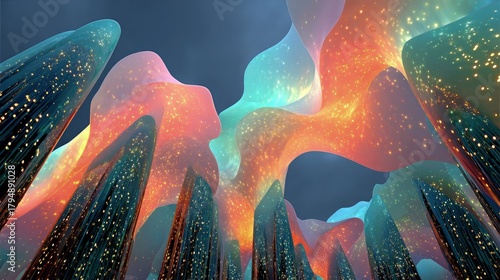 Fototapeta Naklejka Na Ścianę i Meble -  Biomorphic Architecture Abstract Flowing organic skyscrapers resembling coral reefs translucent membranes pulsing with bioluminescent glow