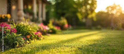 A colorful backyard garden at sunset featuring neatly mowed grass bordered