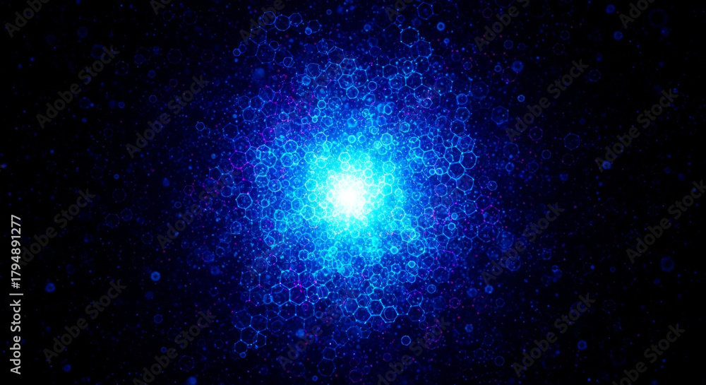 Fototapeta premium A mesmerizing abstract image featuring a vibrant blue light burst against a dark backdrop, adorned with a intricate hexagonal pattern, radiating energy and futuristic design.