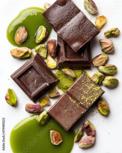 Dark chocolate pieces are scattered with crushed pistachios