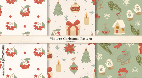 Set of seamless vintage Christmas patterns. Classic hand-drawn fir trees, berries, ornaments, gifts, candle, mittens, ice skates, and winter florals. For wrapping paper, textiles, holiday decor.