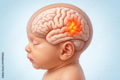 Neonatal Brain Injury or Stroke. medical illustration showing the head of a newborn infant, highlighting a severe area of inflammation, stroke, or injury in the cerebral cortex of the developing brain