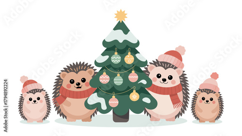 Holiday Hedgehogs: A charming ensemble of festive hedgehogs, each adorned in cozy hats and scarves, gather around a beautifully decorated Christmas tree, evoking warmth and holiday cheer.