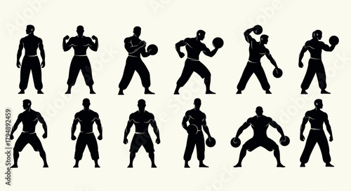 Silhouettes of male athletes in various poses with sports equipment.