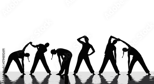 Silhouettes of people stretching and exercising in a row.