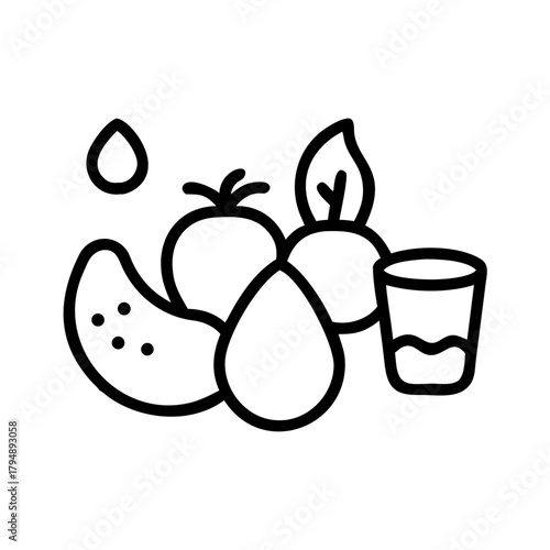 Fresh vegetables and glass of juice in line art