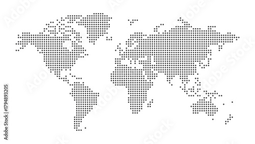 Halftone world map with dot pattern, dot textured continents graphic map, black and white Earth infographic. Vector isolated template great for digital design.