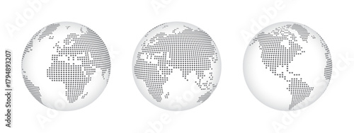 Halftone world map with dot pattern, dotted globe continents graphic, black and white Earth planet