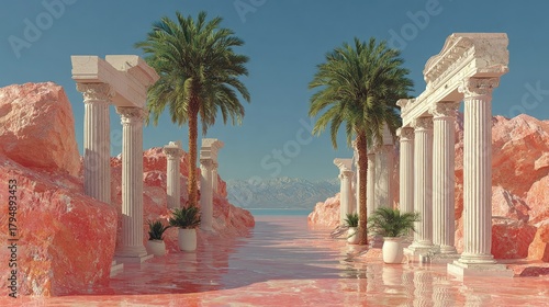 Vaporwave Architecture Abstract Palm trees fused with classical columns pink marble surfaces glitching retro-futuristic nostalgia distortion