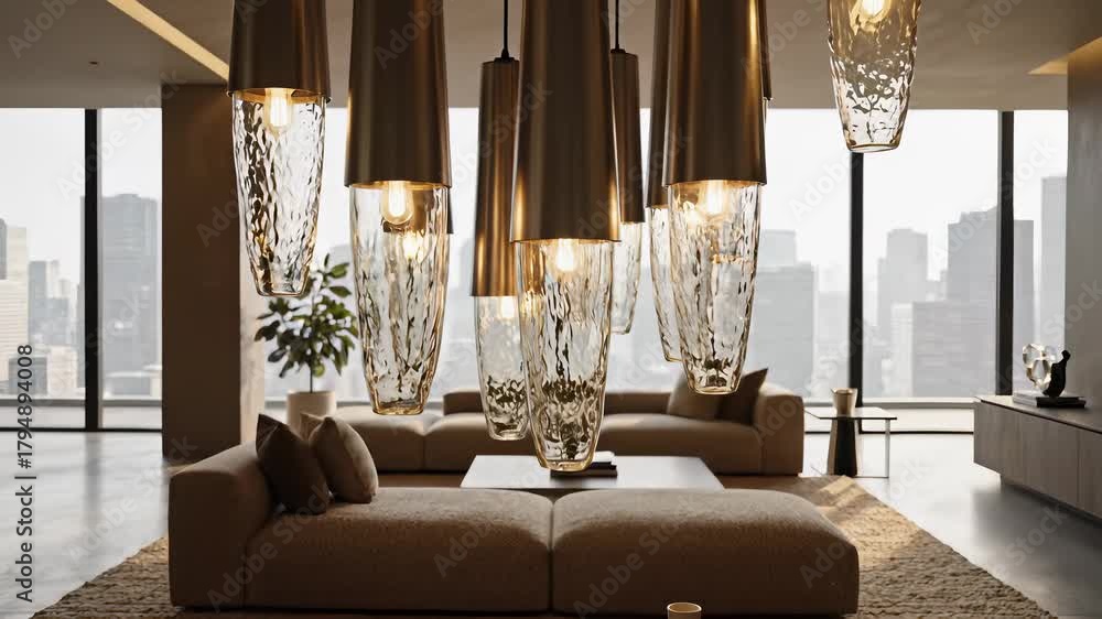 Modern living room with sleek furniture, glass vases, and large window invites relaxation, capturing the concept of comfort and style in perfect balance, evoking feelings of serenity and.