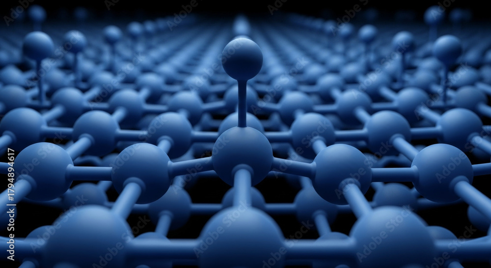 Obraz premium Deep blue molecular structure featuring interconnected spheres and rods set against a dark background. Illustrates science, technology, and nanoscale connectivity.