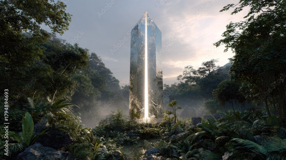Obraz premium Mysterious crystal monolith in lush jungle