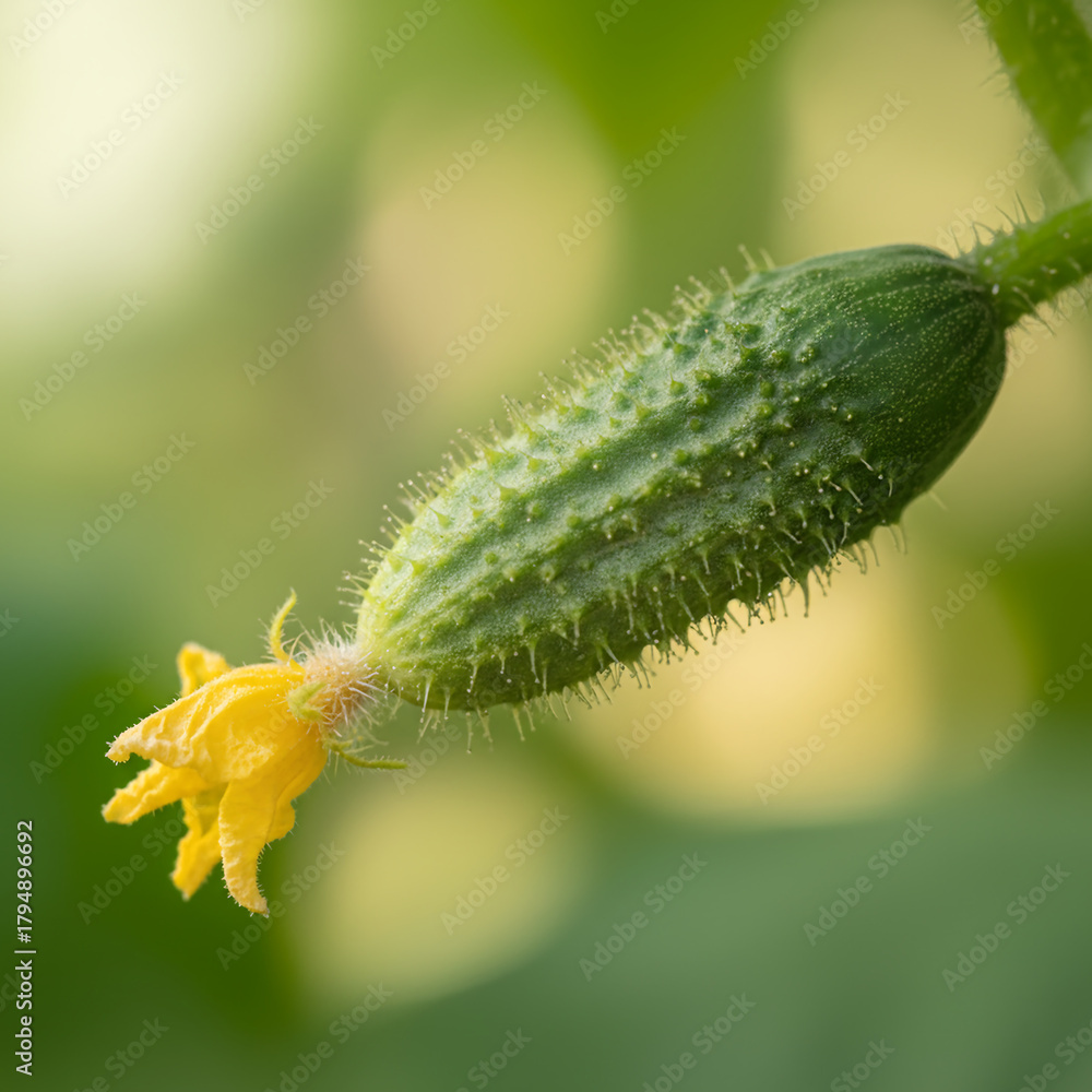 Naklejka premium Closeup of a young cucumber with flower on a blurred background