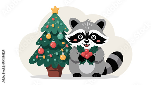 Festive Raccoon & Christmas Tree: A cute cartoon raccoon stands cheerfully beside a decorated Christmas tree, embracing the holiday spirit with festive decor.
