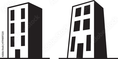 Two stylized tall buildings in silhouette isolated on transparent background
