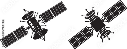 Two detailed satellite silhouettes with solar panels and antennas isolated on transparent background