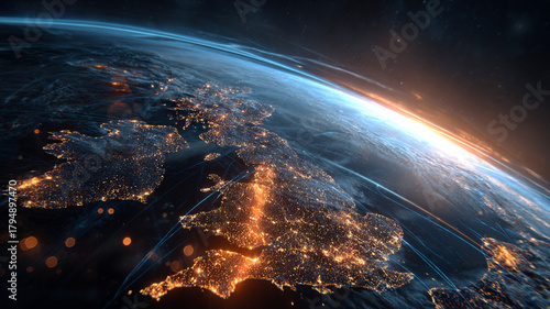 Digital Earth from Space Highlighting UK and Europe with Glowing City Lights and Network Connections