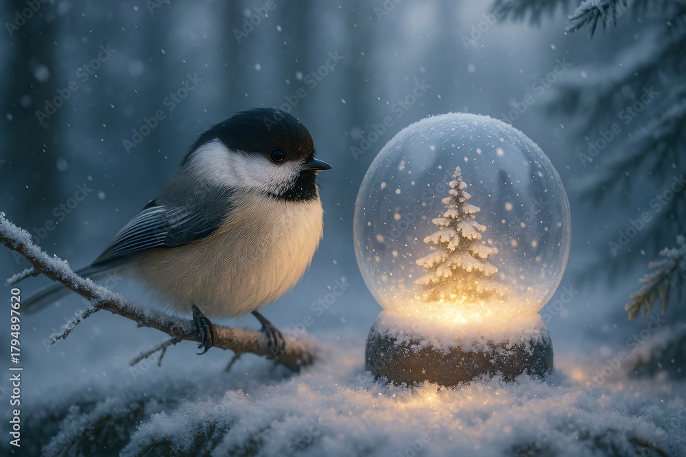 Obraz premium Cute Chickadee Bird Perched on a Snowy Branch Next to a Glowing Snow Globe with a Christmas Tree