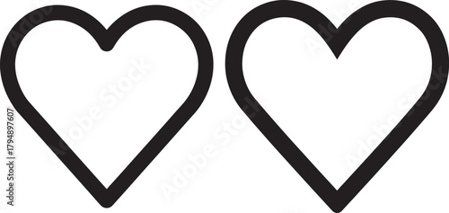 Two simple outline hearts in silhouette style isolated on transparent background