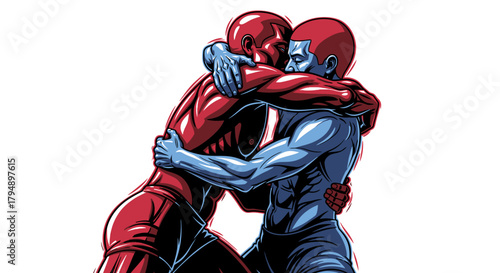 Two muscular figures in a close embrace, one red and one blue, engaged in a powerful struggle or hug.