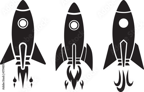 Three retro style rocket ship silhouettes launching with fiery exhaust isolated on transparent background