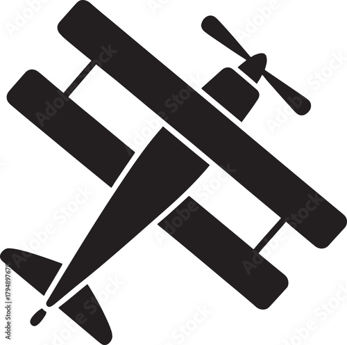 Classic biplane silhouette in black isolated on transparent background