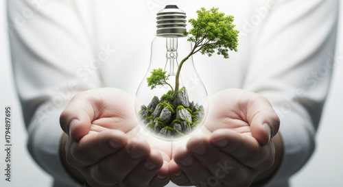 Close up of lightbulb with tree inside, held in hands with white background, showcasing environment, sustainability, and green energy concepts.