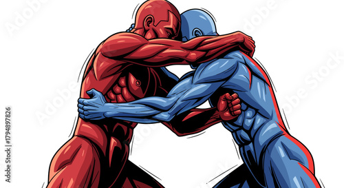 Two muscular figures in red and blue grappling in a wrestling hold.