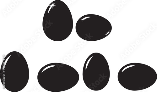 Collection of polished black oval and round shapes as a silhouette isolated on transparent background