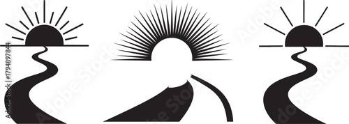 Three stylized black silhouette icons representing sunrise over a winding path isolated on transparent background