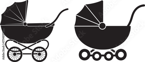 Two classic baby carriage silhouettes side by side isolated on transparent background