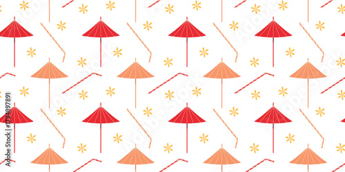 Cocktails Straw Decorative Umbrellas and flowers Seamless Pattern Minimal Flat Design Banner Format. Isolated Vector illustration Cocktail Themed Backdrop Promo banner, leaflets, price tag, media post