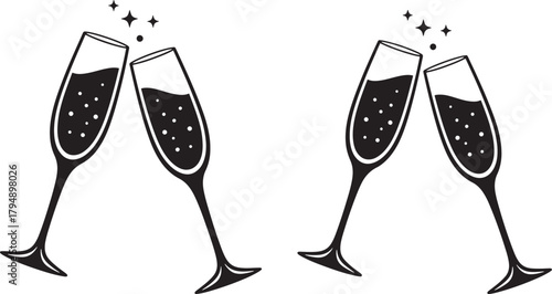 Two pairs of champagne flutes clinking in celebration silhouette isolated on transparent background