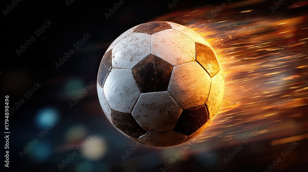 Fototapeta premium A dynamic image of a soccer ball in motion, surrounded by streaks of light that convey speed and energy.