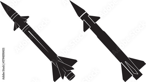 Two black rocket silhouettes in flight isolated on transparent background