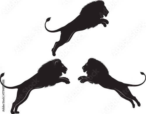 Three powerful lion silhouettes leaping and pouncing isolated on transparent background