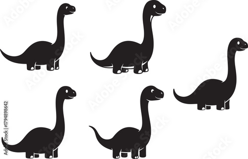Five black dinosaur silhouettes in a row isolated on transparent background