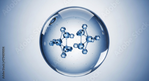 Detailed close-up of a molecule model encapsulated within a water droplet against a gradient blue backdrop. The droplet highlights the intricate atomic structure of the molecule.