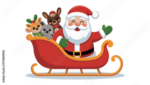 Santa's Festive Ride: Cheerful Santa Claus waves, accompanied by his reindeer friends, aboard a vibrant sleigh, ready to spread holiday cheer and deliver gifts.