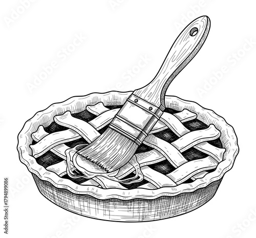 Vintage Engraving of Lattice-Topped Pie with Pastry Brush. Baking Comfort Vector Illustration for Home Cooking.